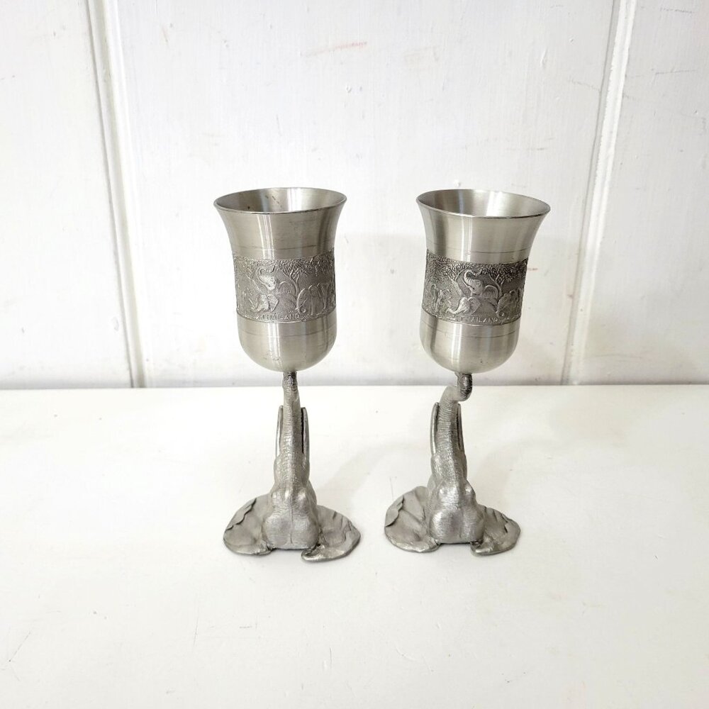 Elephant-Themed Pewter Wine Goblets Pair - Picture 2 of 11